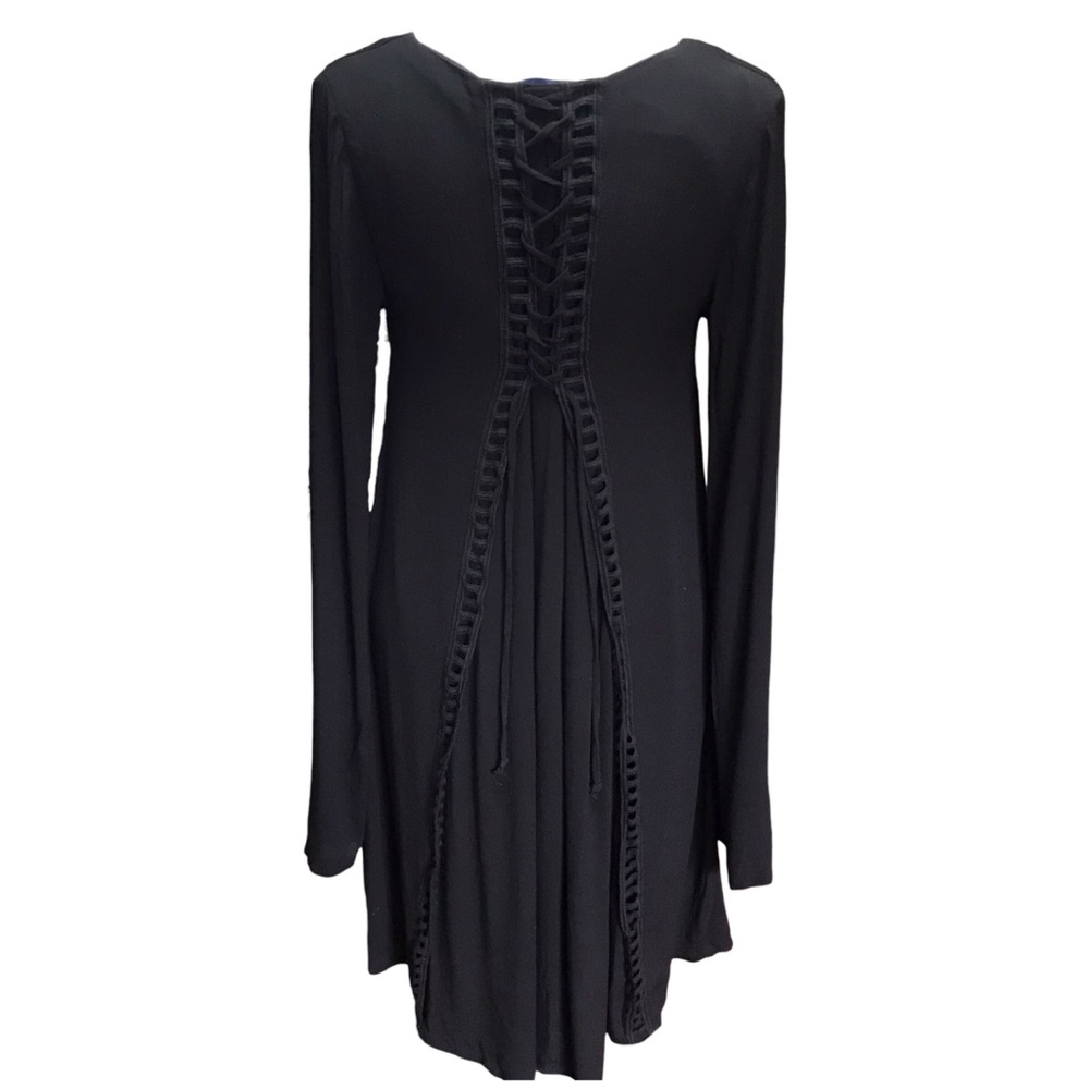 anthropologie Long Sleeve V Neck Black Loose Fit Knee Length Dress Corset Back M